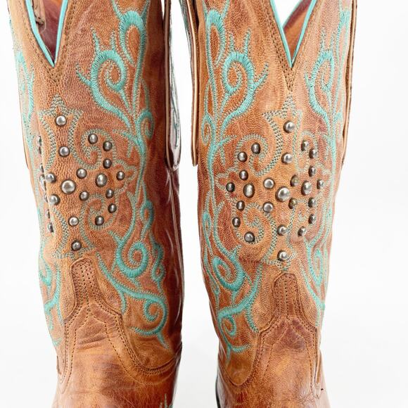 Lucchese Women’s 11 Cognac Leather Teal Stitch Studded Pointed Toe Cowgirl Boots - Picture 7 of 12
